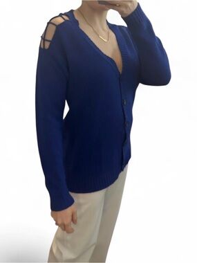 Blue Cardigan Sweater Button Front Open Shoulder Lattice Back Women’s Size Small